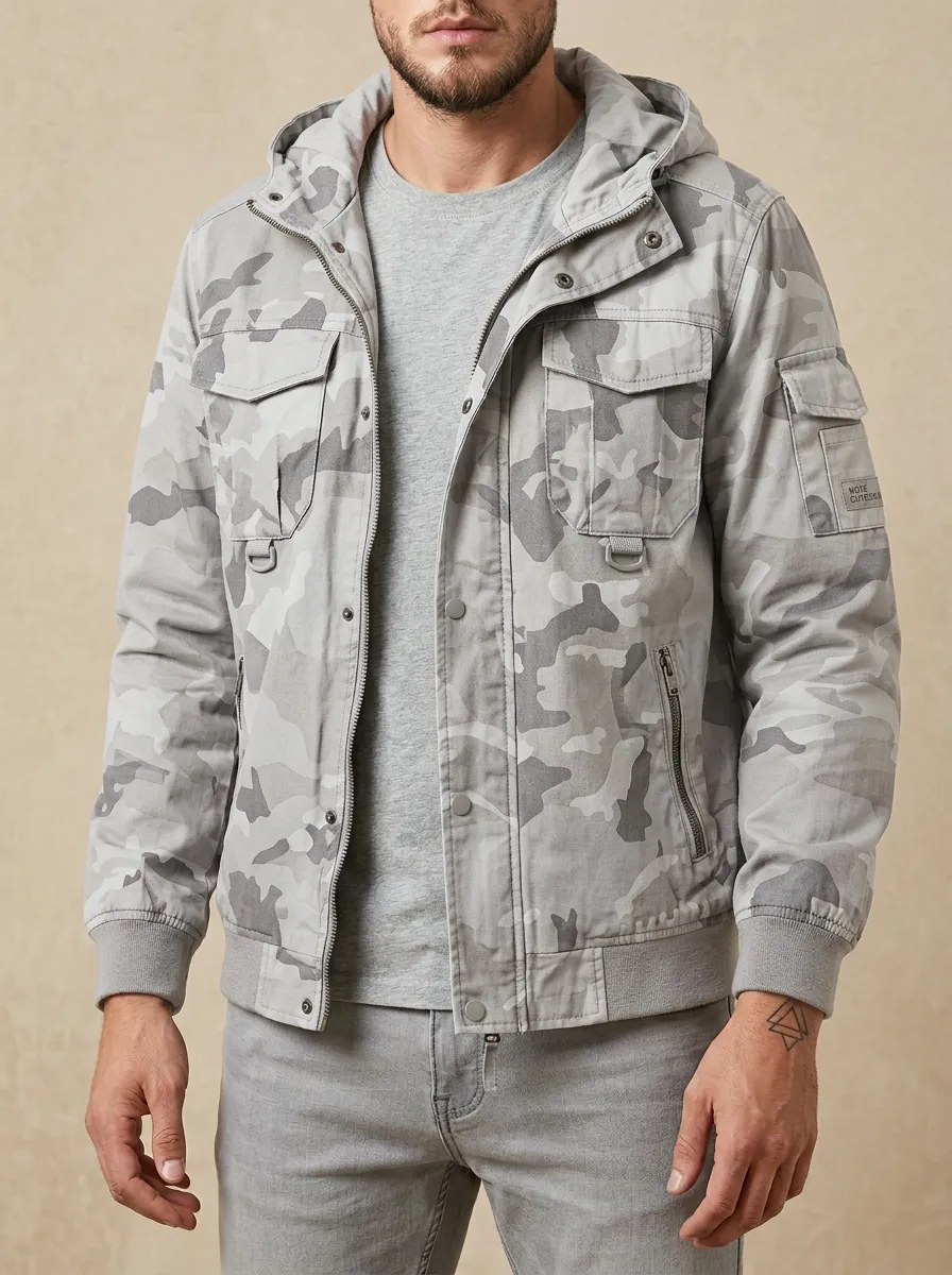 Men's Camouflage Hooded Jacket with Flap Pockets