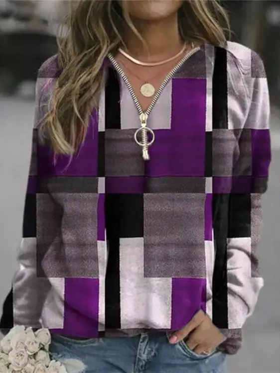 Women Long Sleeve V-neck Geometric Colorblock Top