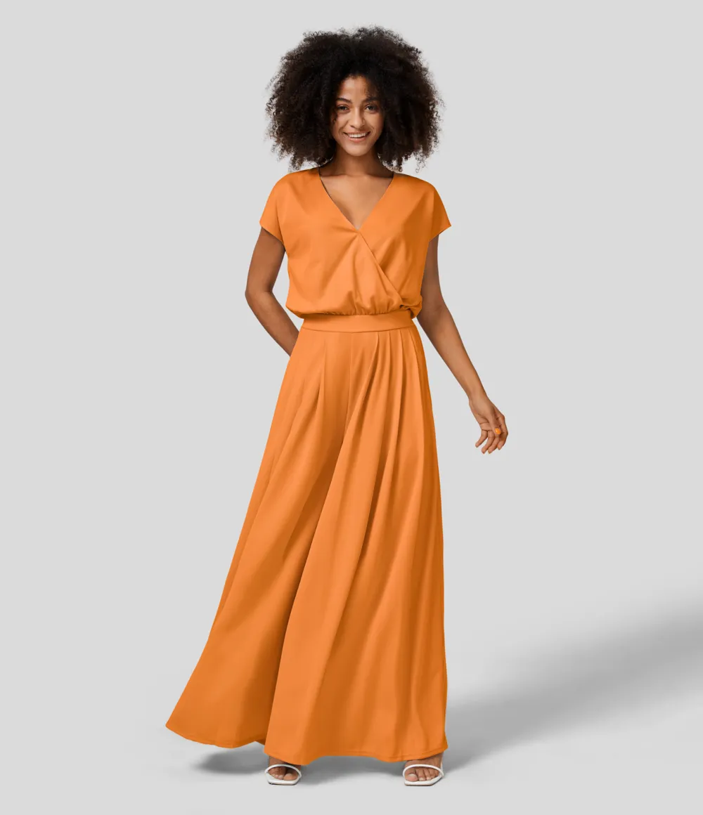 V Neck Short Sleeve Plicated Side Pocket Wide Leg Flowy Waffle Casual Jumpsuit