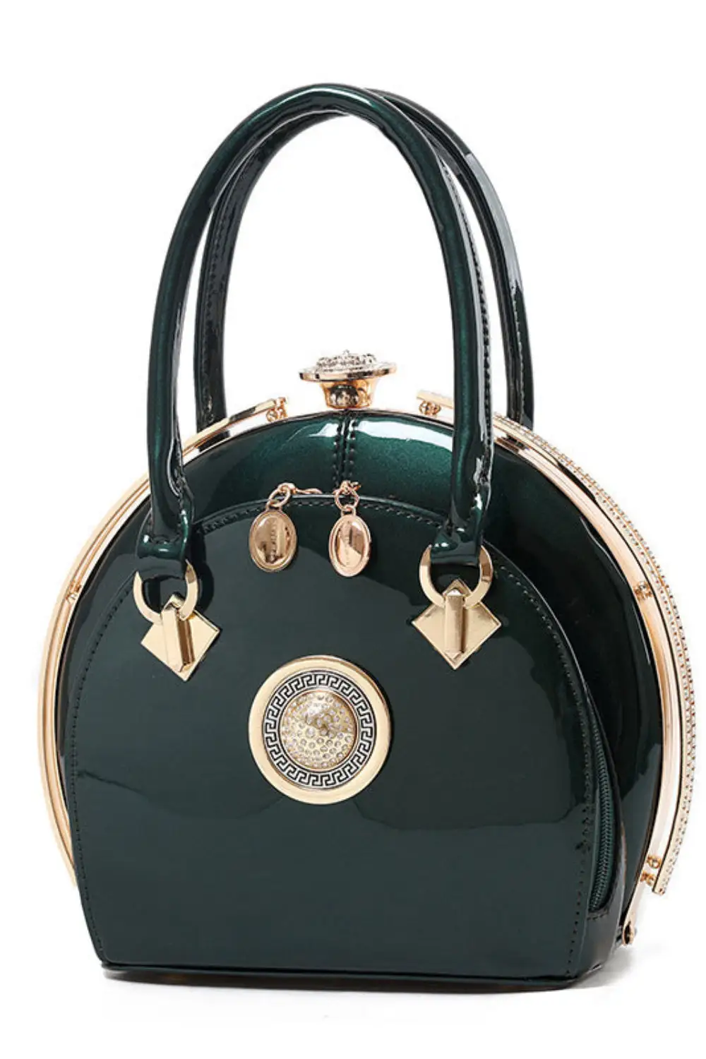 Glossy Black Round Handbag - Vintage Glam Aesthetic