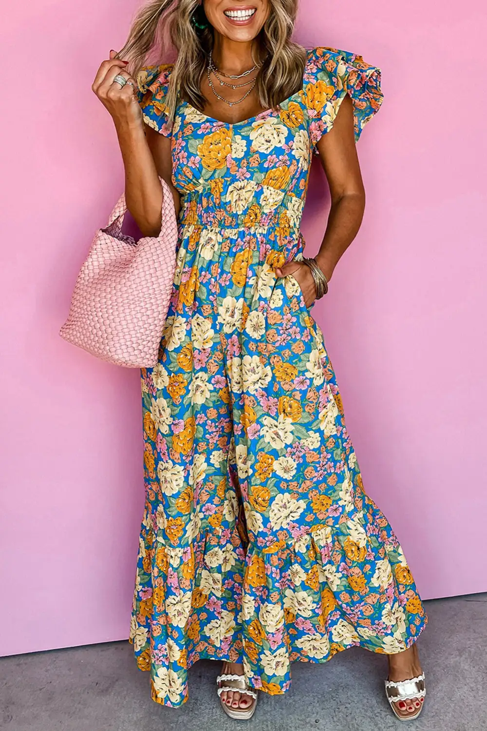Floral Allover Print Shirred Panel Detail Jumpsuit