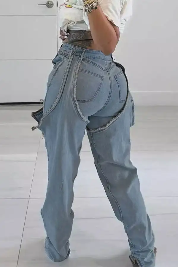 Patchwork Zip-Up Irregular Washed Jeans
