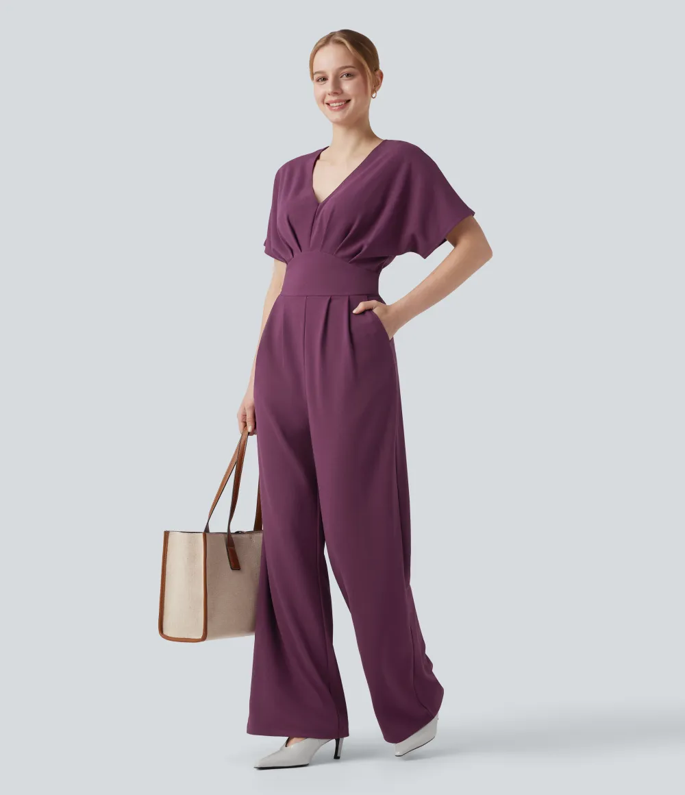 Wrinkle-resistant V-neck Batwing Sleeve Wide Leg Work Jumpsuit with Pockets-Easy Peezy