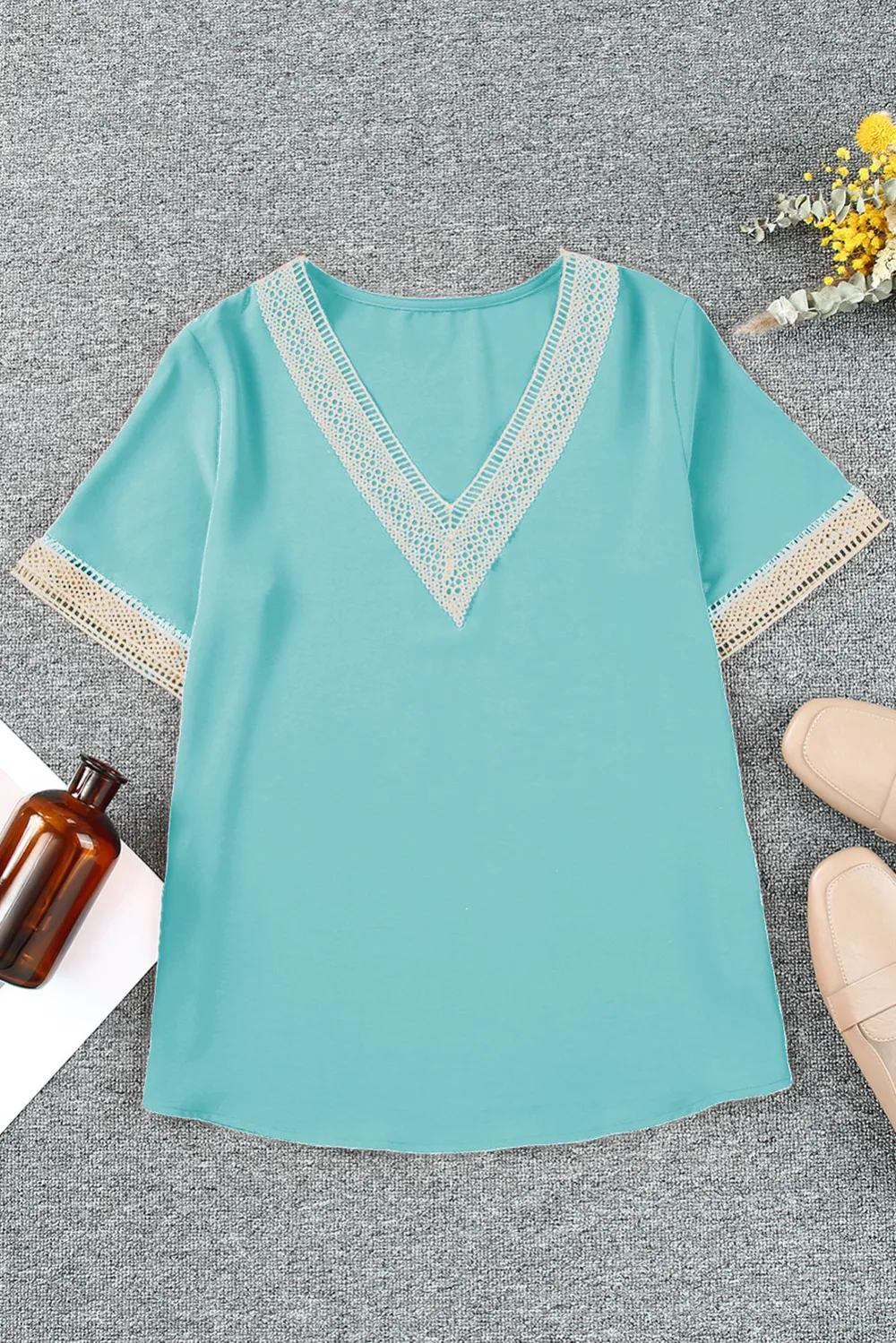 Green Lace Trim V Neck Blouse Style