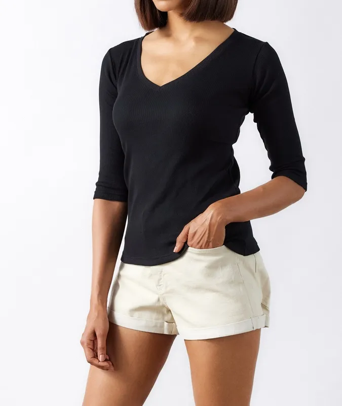 Black Ribbed V-Neck Tee
