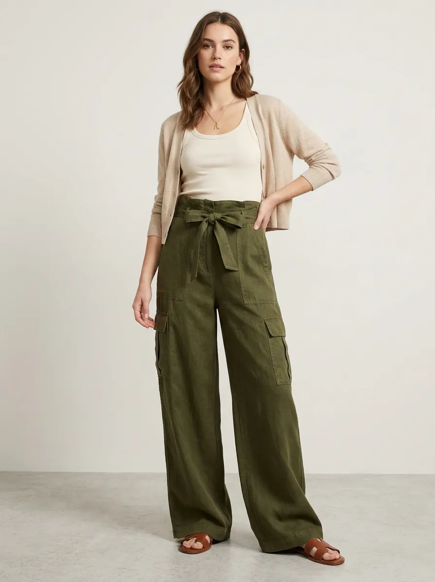 Women's Casual Olive Green High-Waisted Tie-Front Cargo Pants