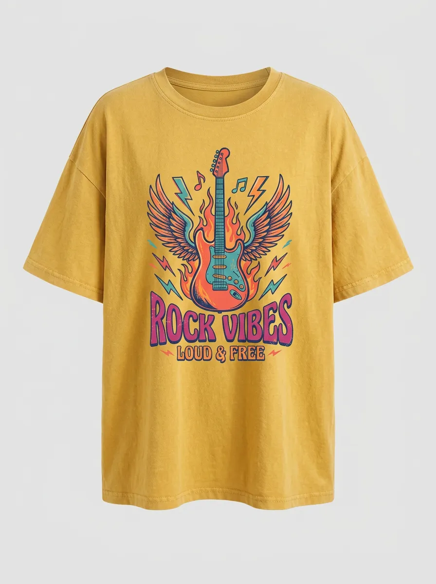 Unisex Rock Music Lover Flaming Guitar Wings Printed T-shirt