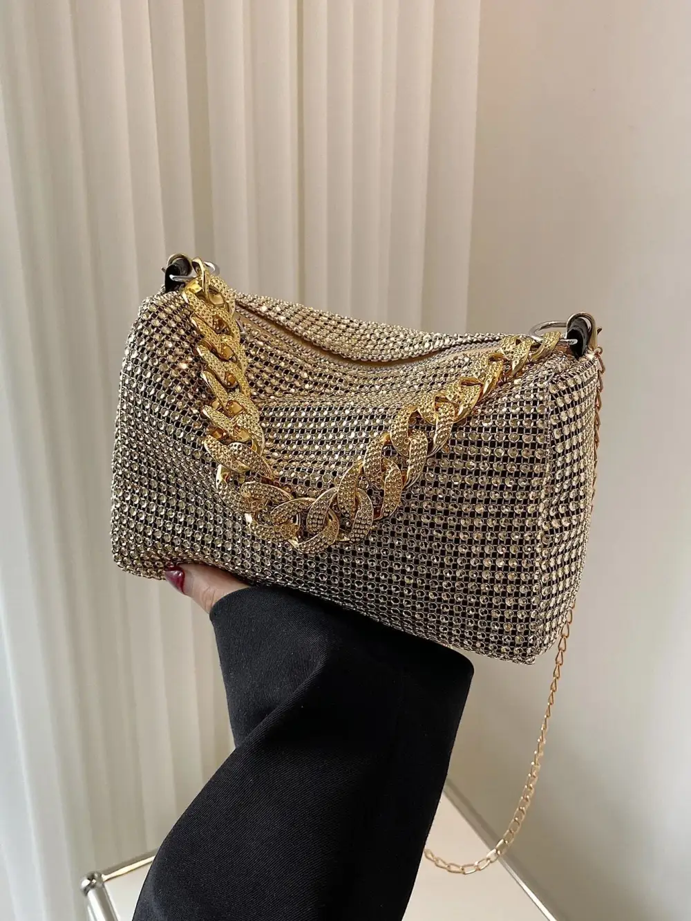 Rhinestone Decor Bucket Bag Drawstring