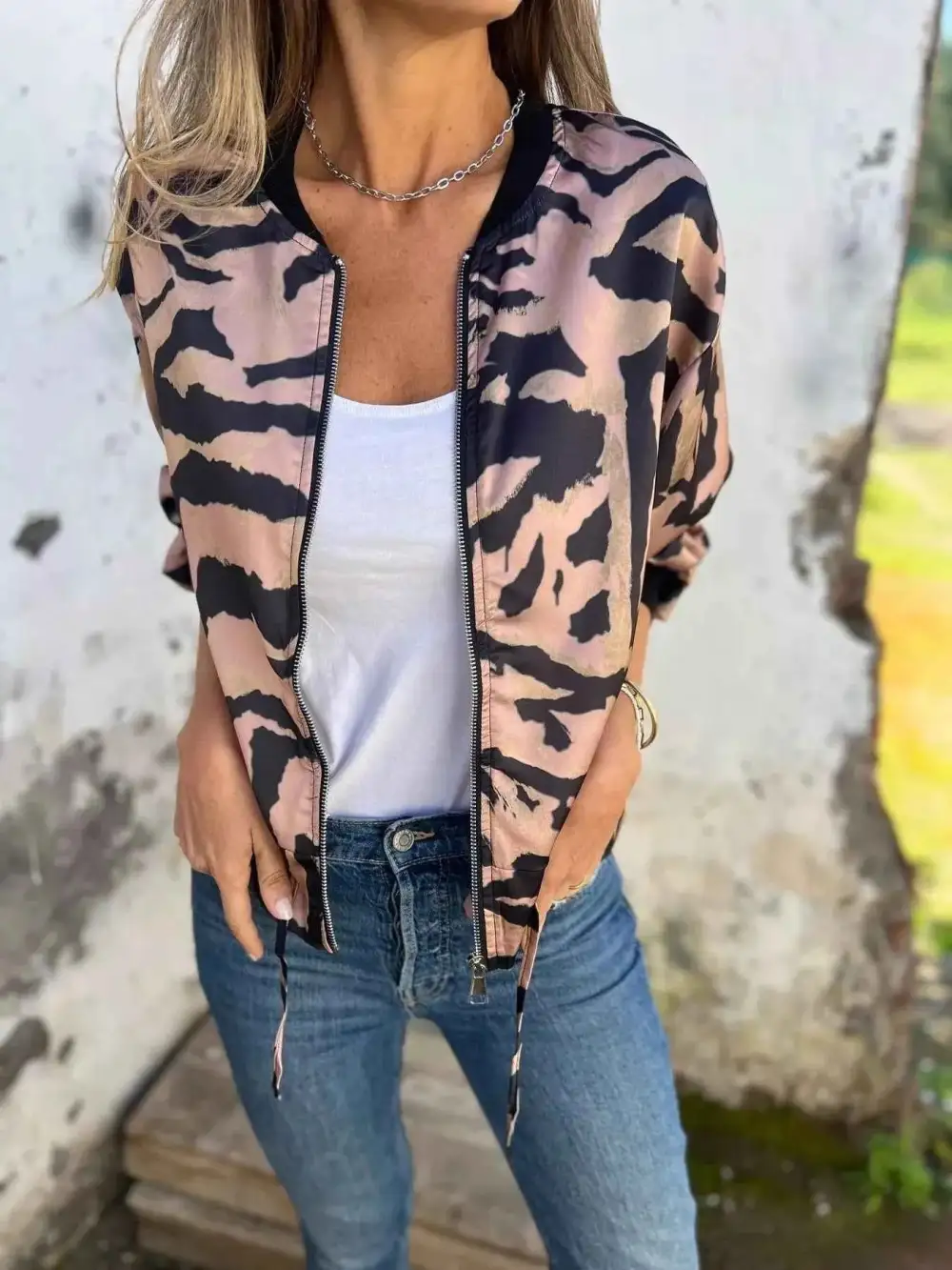 Plus Size Zip-Up Zebra Printed Bomber Jacket