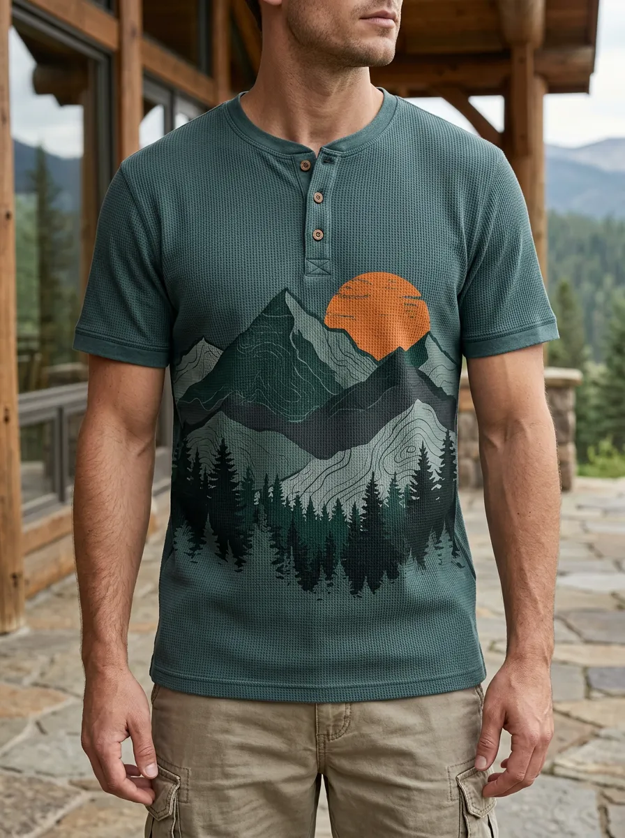 Men's Modern Outdoor Nature Lover Mountain Sunset Henley T-Shirt