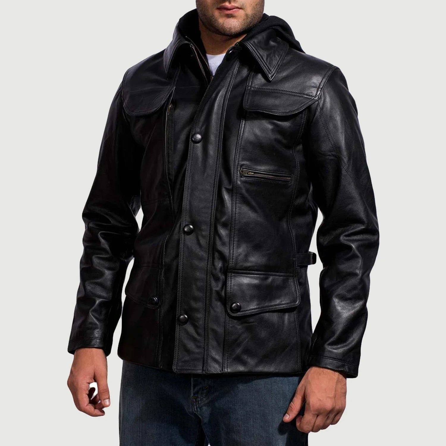 Men's Structured Hooded Leather Jacket