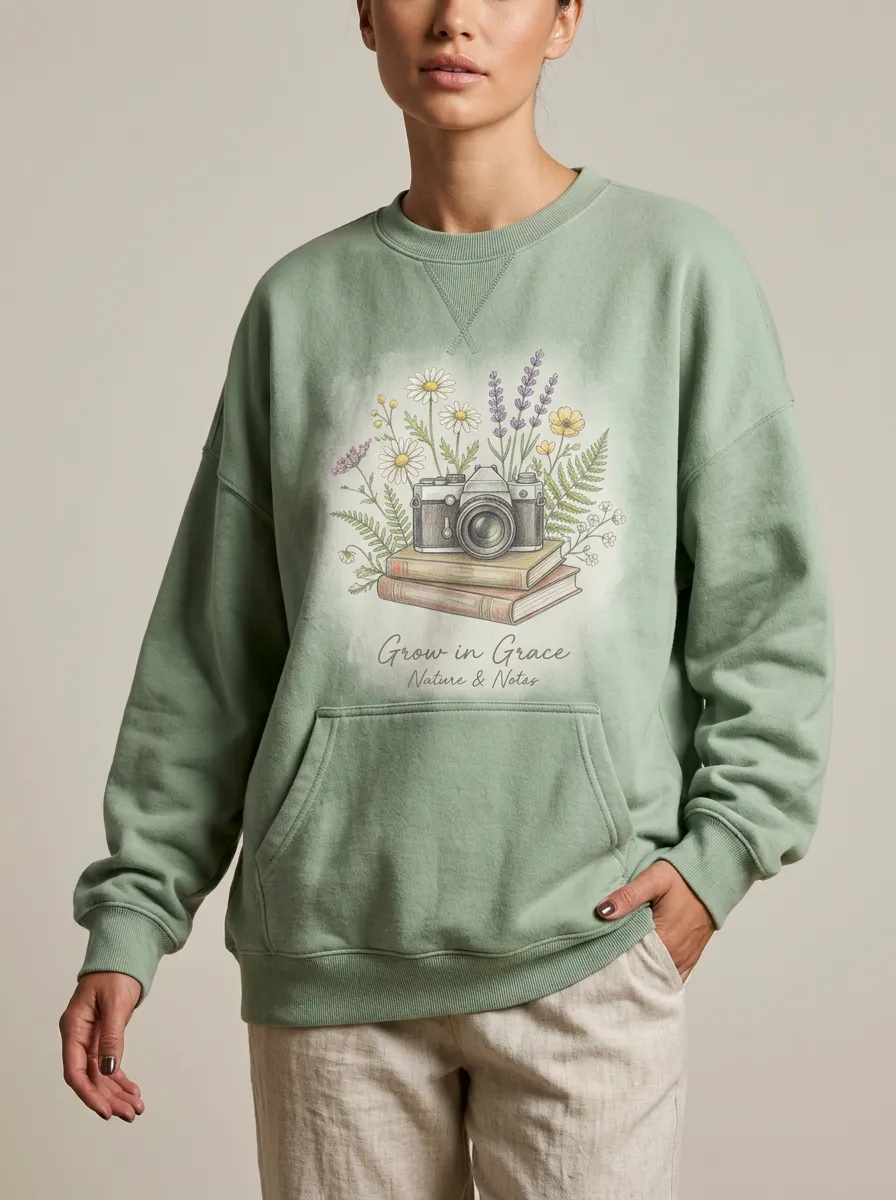 Women's Sage Green Photography Book Floral Crewneck Sweatshirt