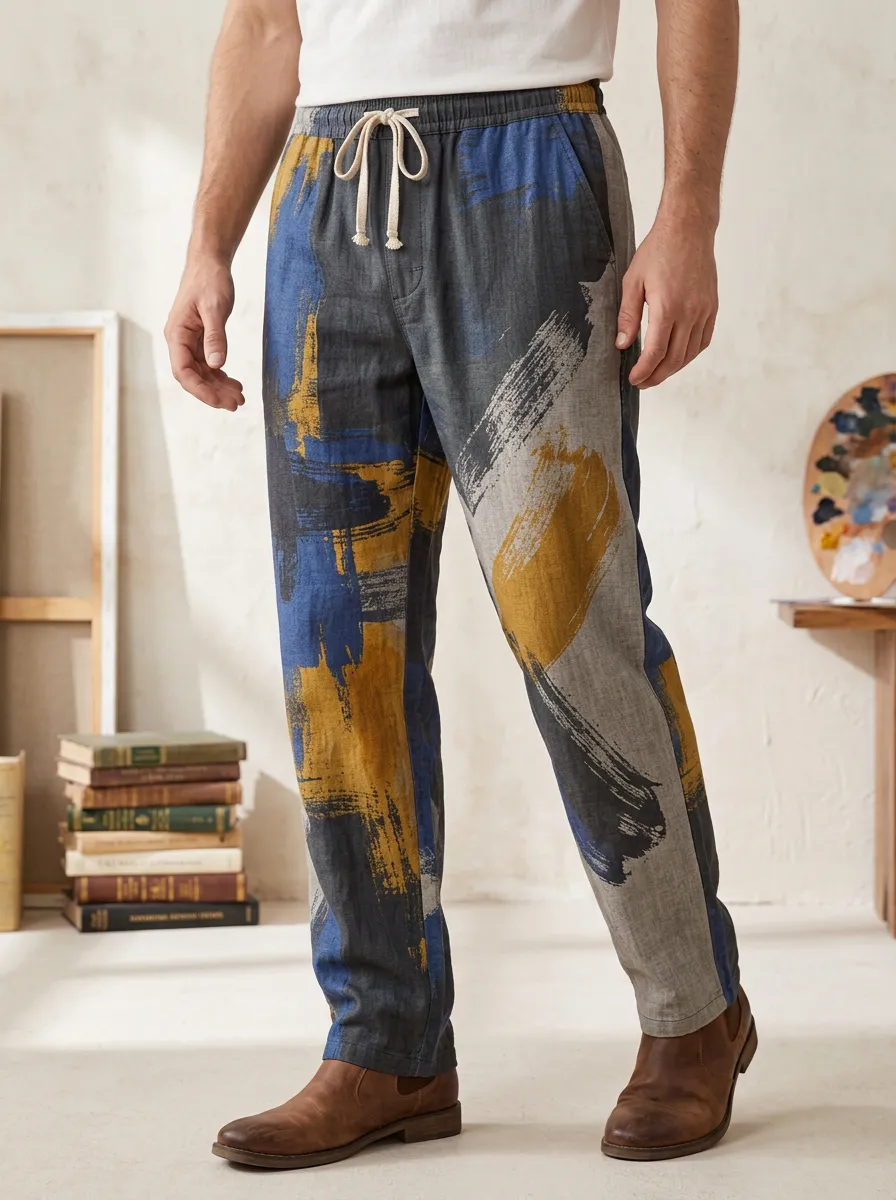 Men's Abstract Art Brushstroke Printed Linen Blend Pants