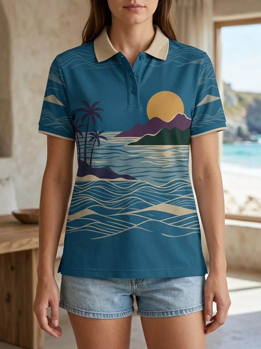 Women's Fresh Tropical Beach Sunset Palm Tree Polo Shirt