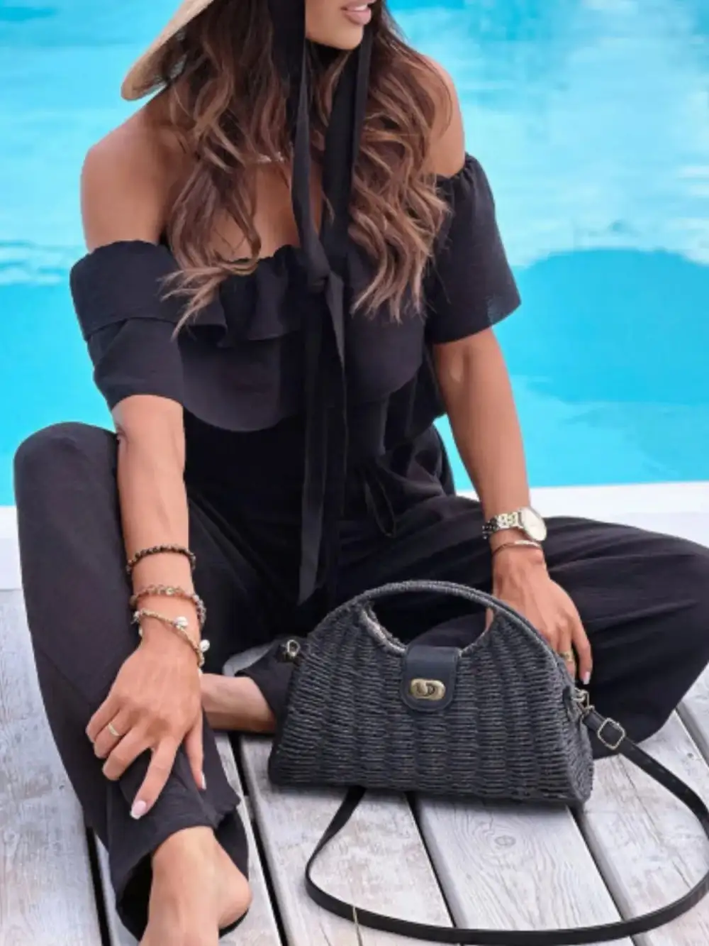 Shoulder Ruffled Wide Leg Jumpsuit