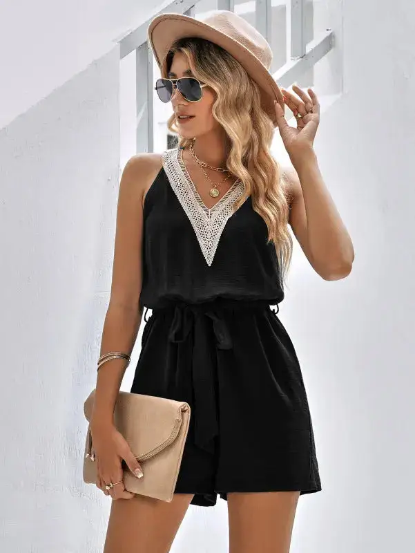 Lace V Neck Sleeveless Jumpsuit Belt