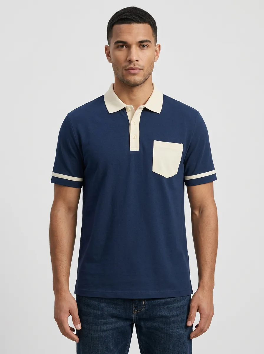 Men's Navy Blue Contrast Pocket Colorblock Polo Shirt