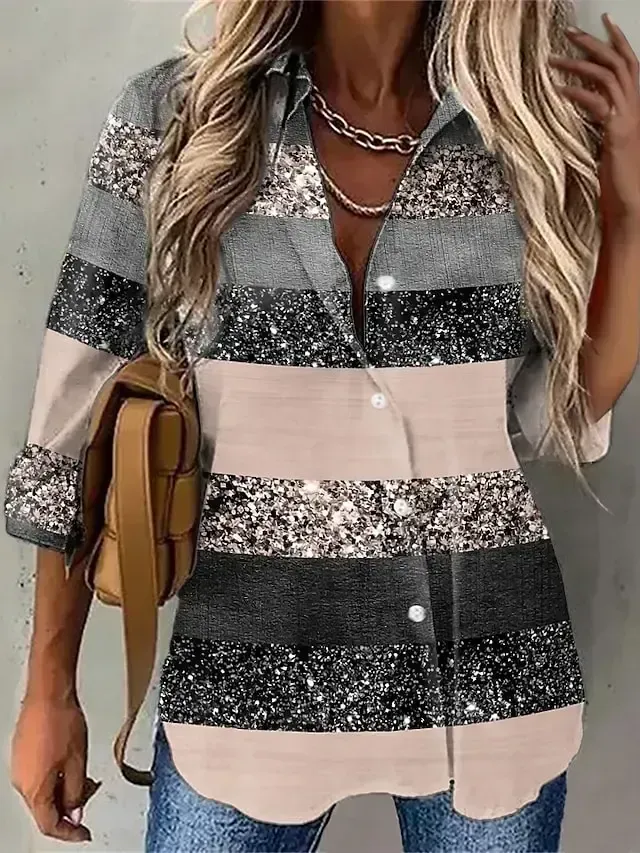 Women's Blouse Shirt Green Blue Purple Graphic Striped Button Print Long Sleeve Daily Weekend Streetwear Casual Shirt Collar Regular S