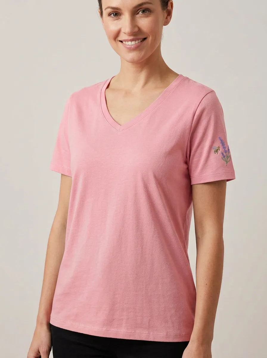 Women's Nature-Inspired Lavender & Bee Relaxed Embroidered V-Neck T-Shirt