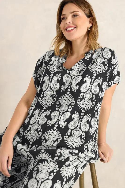 Black Abstract Print Frill Neck Blouse