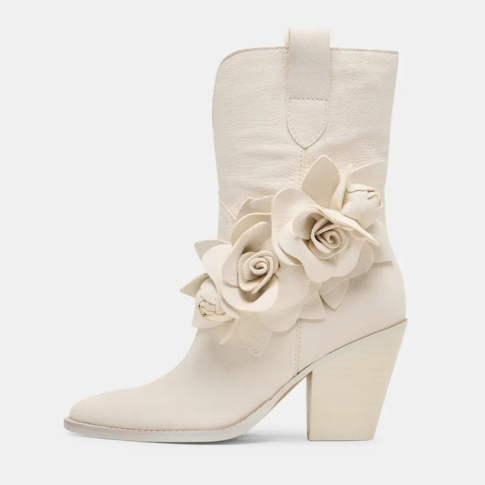 Faux-Leather Pull-On Floral Pointed-Toe Western Boots