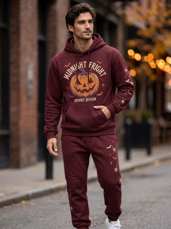 Men's Halloween Charcoal Midnight Fright Pumpkin Kangaroo-Pocket Hoodie Jogger Set