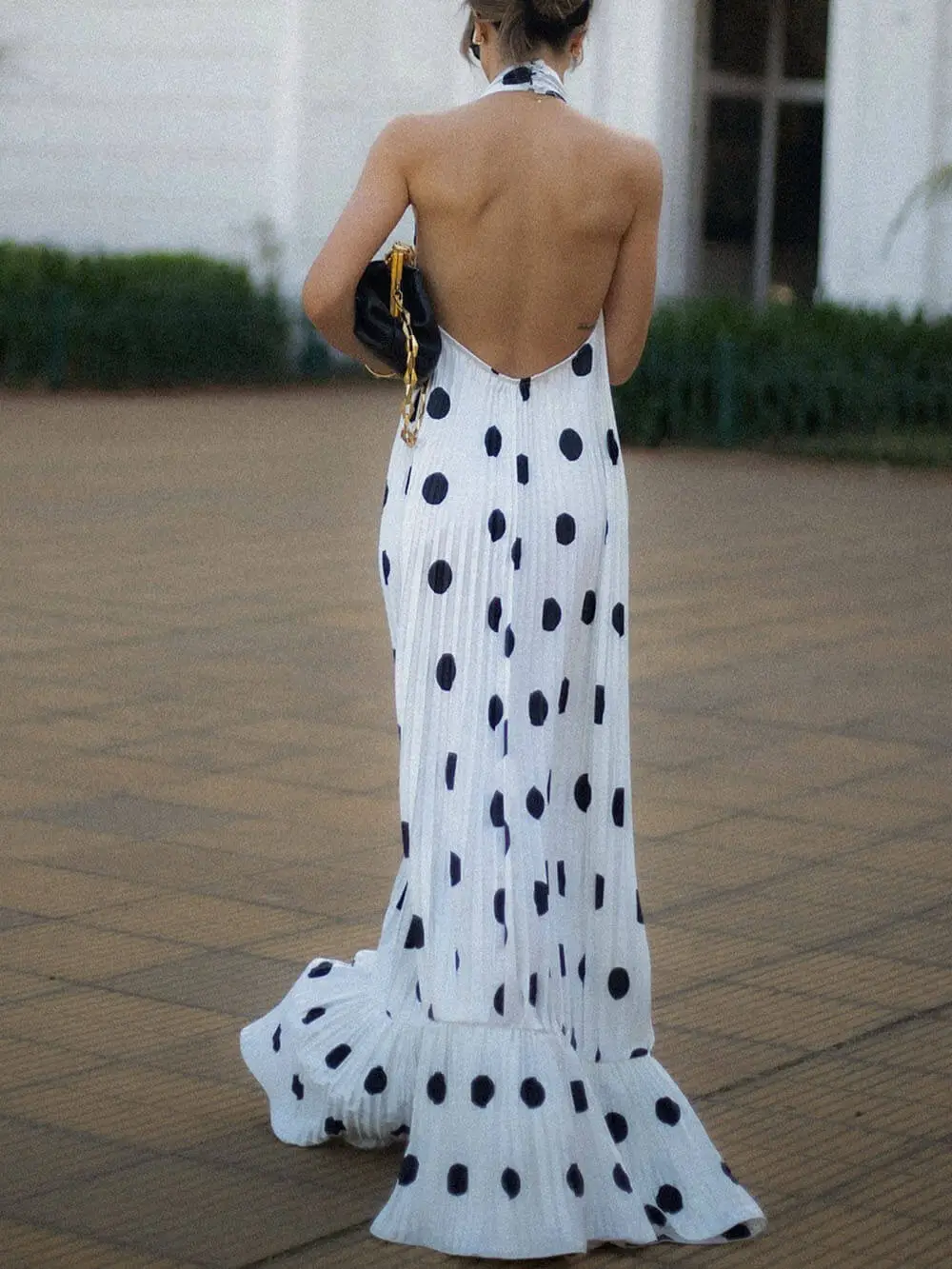 Polka Dot Backless Halter Maxi Gown