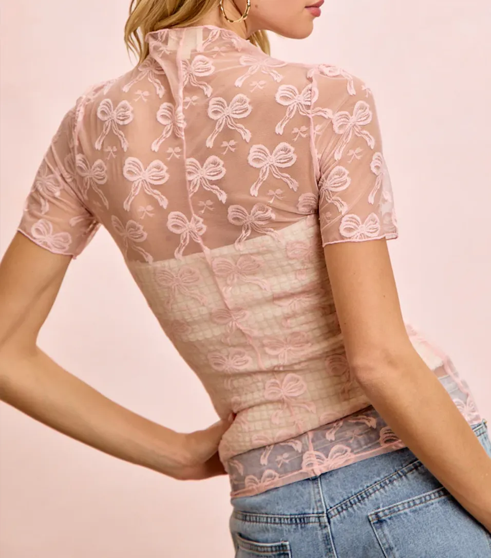 High Neckline Bow Pattern Mesh Top