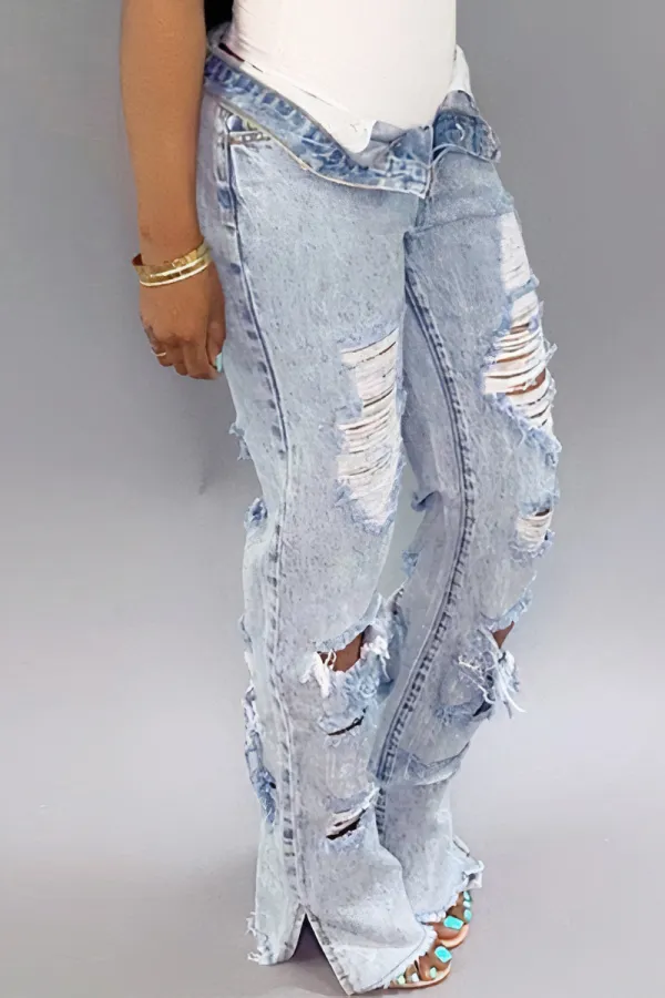 Distressed Frayed Split Hem Straight Leg Jeans