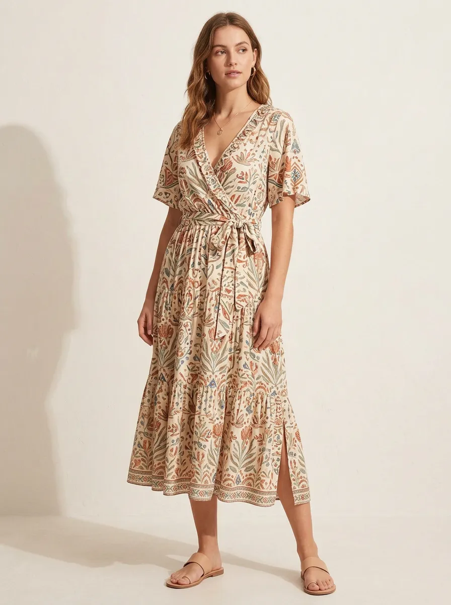 Women's Airy Botanical Floral Wrap Printed Dress