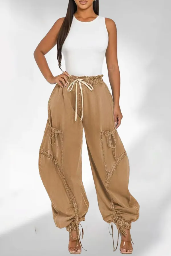 Washed Pocket Drawstring Ankle Banded Jeans