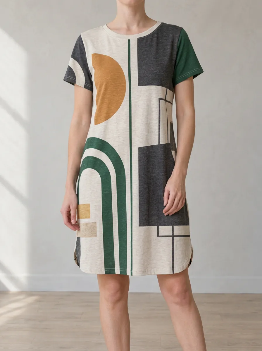 Women's Crew Neck Side-Slit Geometric Print T-Shirt Dress