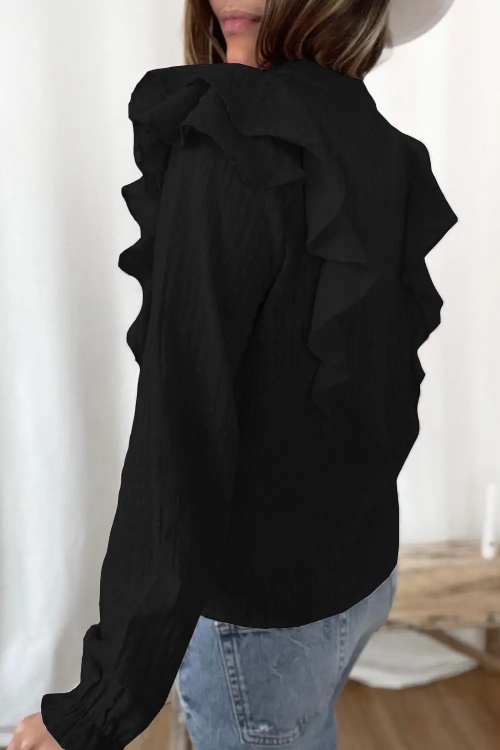 Dotted Texture Sheer Ruffles Bubble Sleeves Shirt