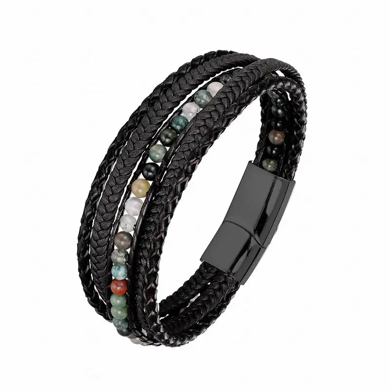 Hematite Agate Tiger Eye Amazonite Beaded Leather Bracelet