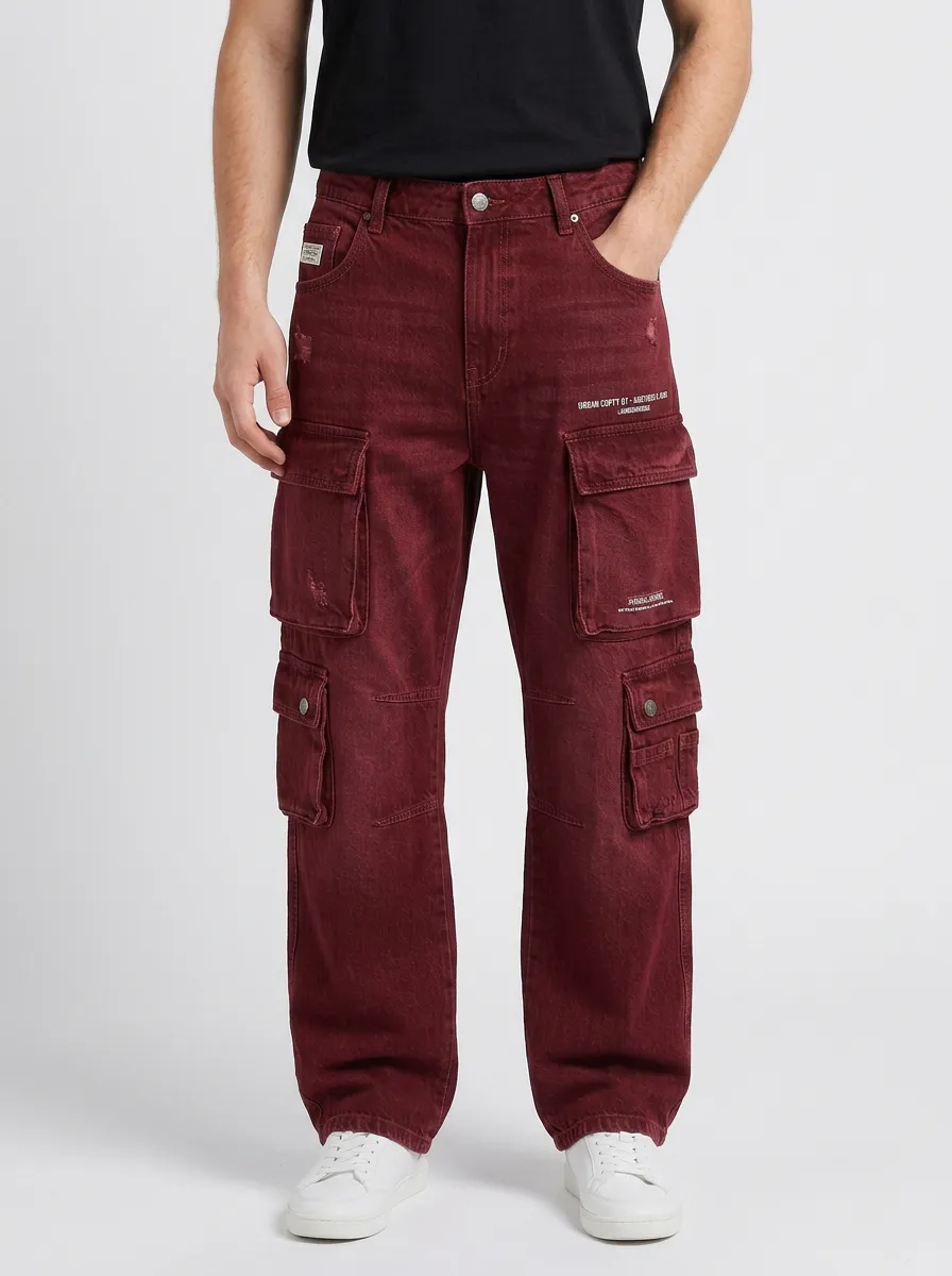 Men's Streetwear Distressed Denim Multi-Pocket Printed Cargo Jeans