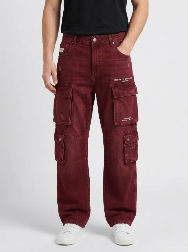 Men's Streetwear Distressed Denim Multi-Pocket Printed Cargo Jeans