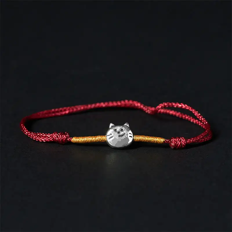 Sterling Silver Cute Cat String Braided Bracelet