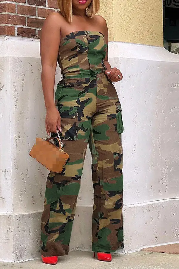 Camo Strapless Multi-Pocket Pant Set