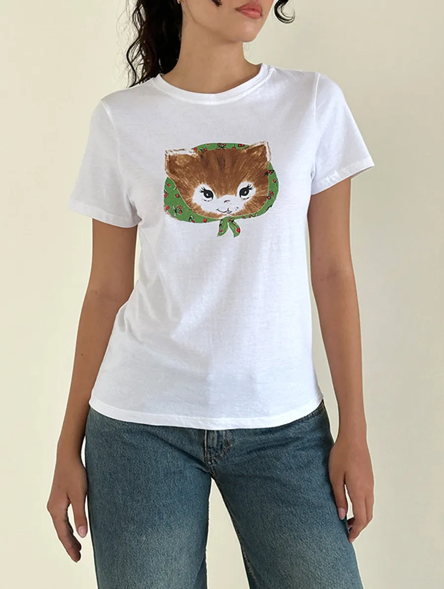 Kitty Print White Tee