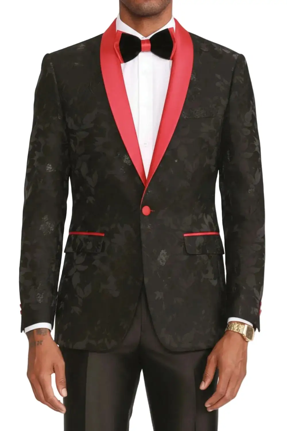 Black Slim Fit Satin Floral Single Breasted Shawl Lapel Blazer