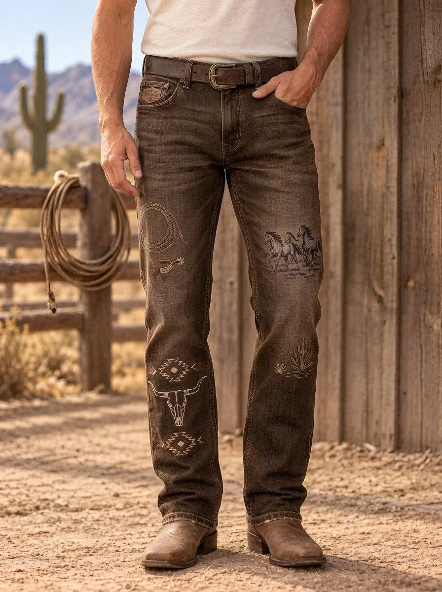 Men's Western Cowboy Horse Cactus Skull Jeans