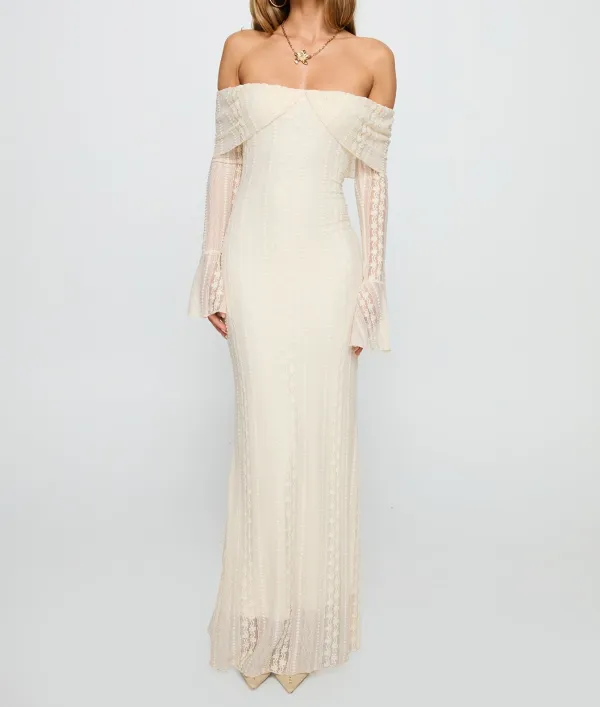 Cream Lace Long Sleeve Maxi Dress