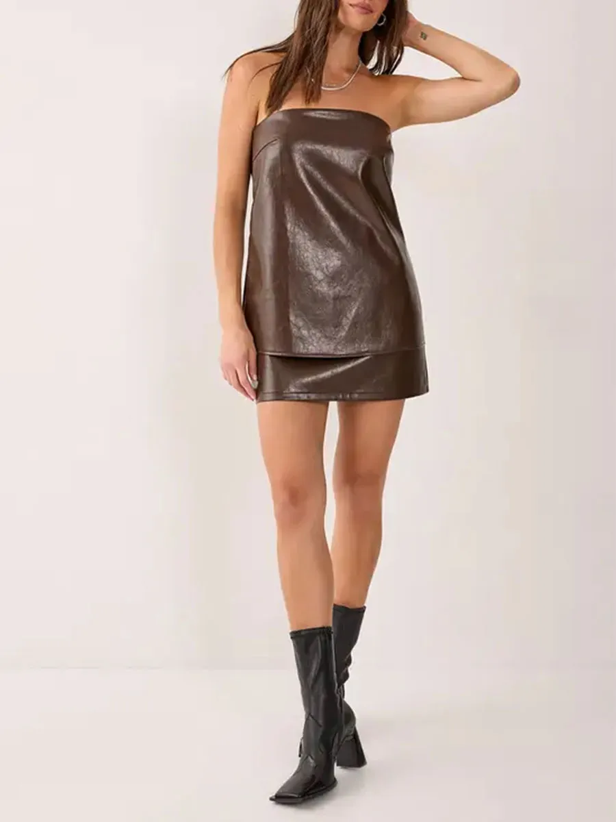 Lady's Fashionable Chocolate-Colored Glossy Leather Short Skirt