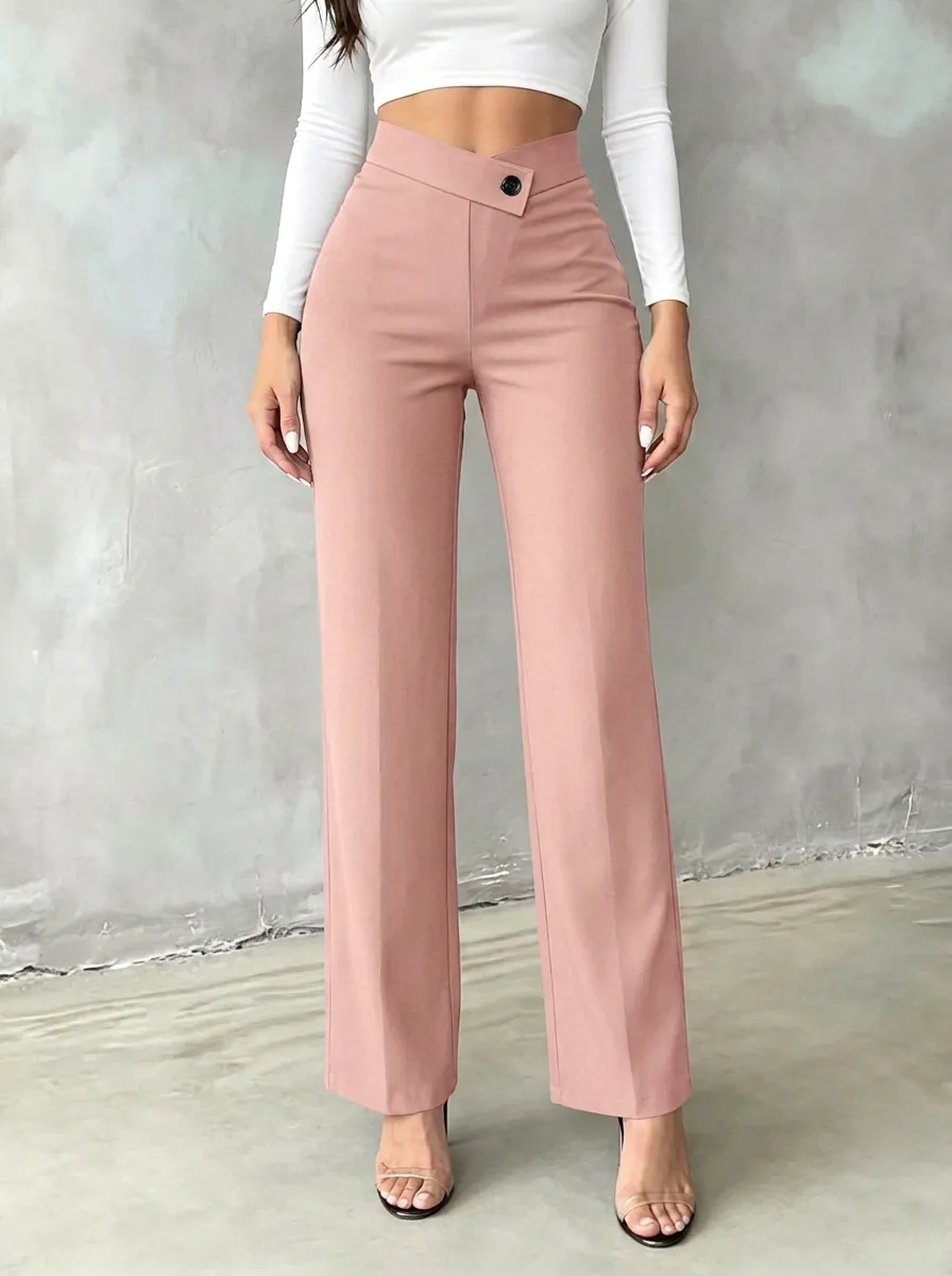 Women's Classic Everyday Asymmetric Waist Mid Rise Straight Leg Pants