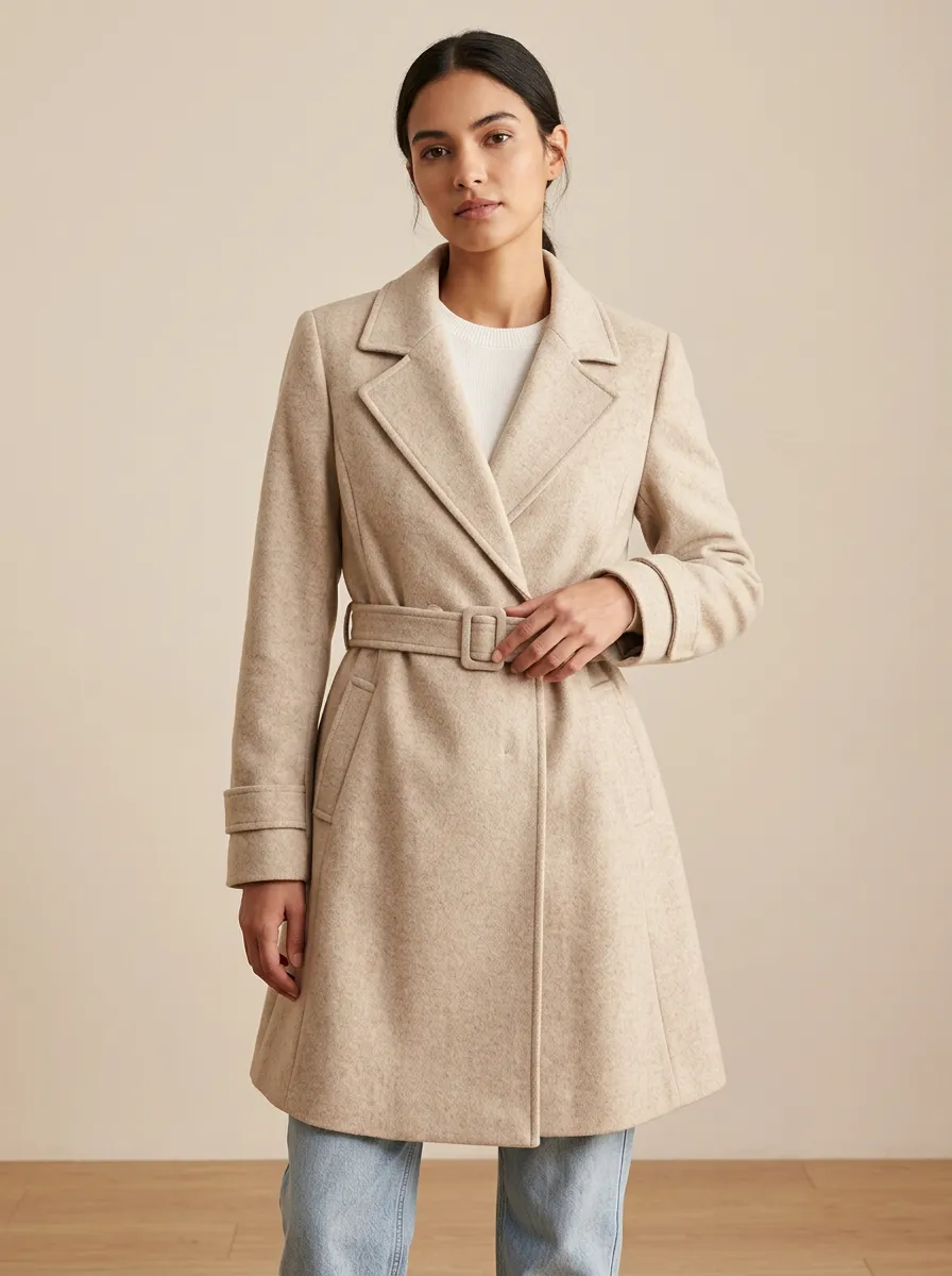 Notched Lapel Belted Wool Blend Trench Coat