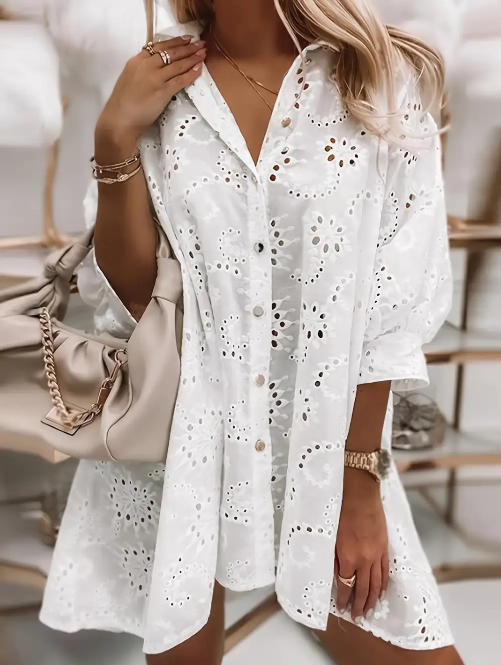 Openwork Flower Button Shirt