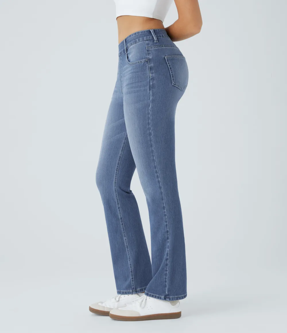 Magic High Waisted Multiple Pockets Washed Stretchy Knit Casual Bootcut Jeans