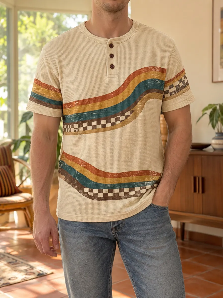 Men's Relaxed Retro Waffle Knit Striped Checkerboard Henley T-Shirt