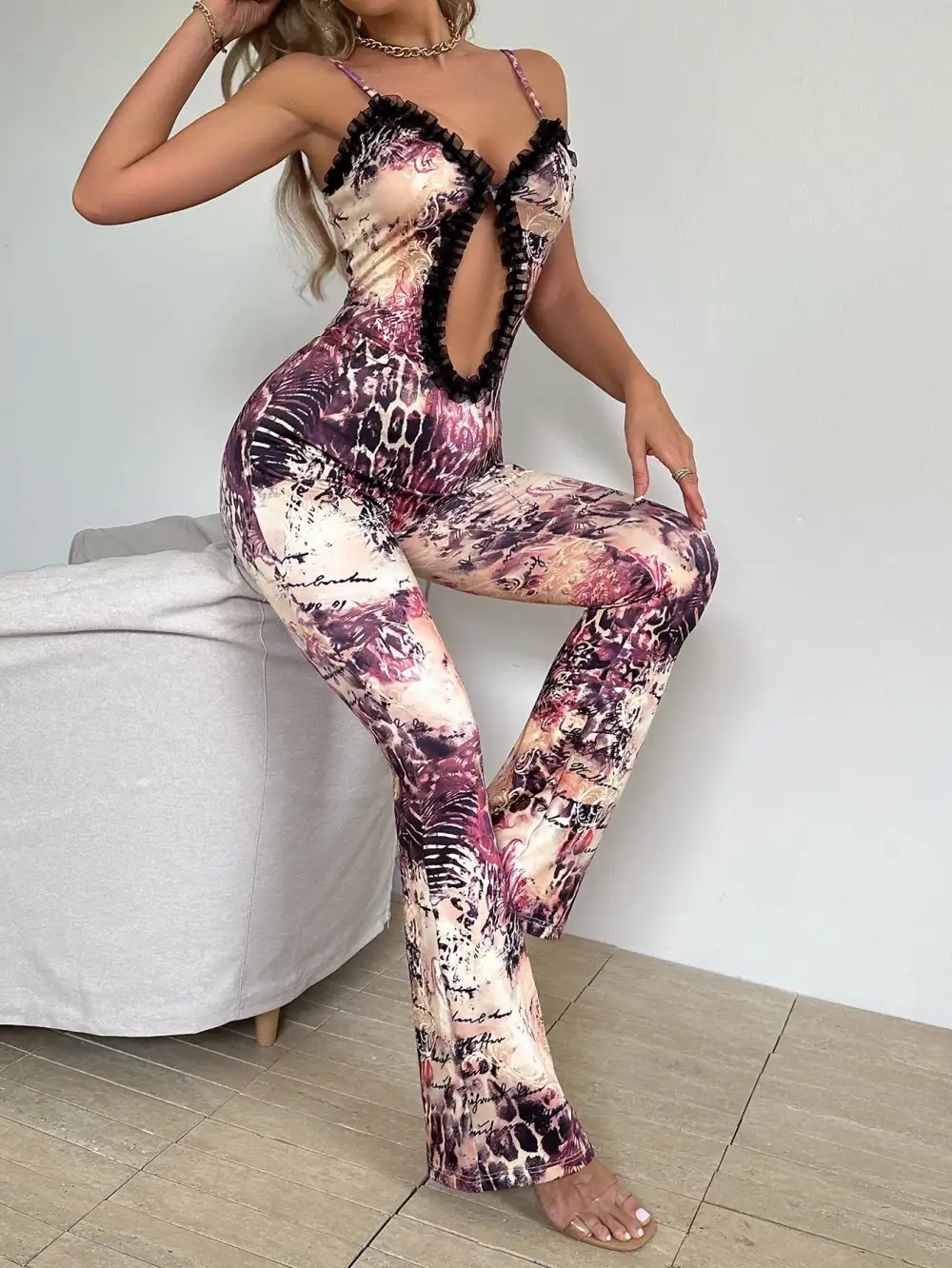 Bold Printed Cutout Flare Jumpsuit