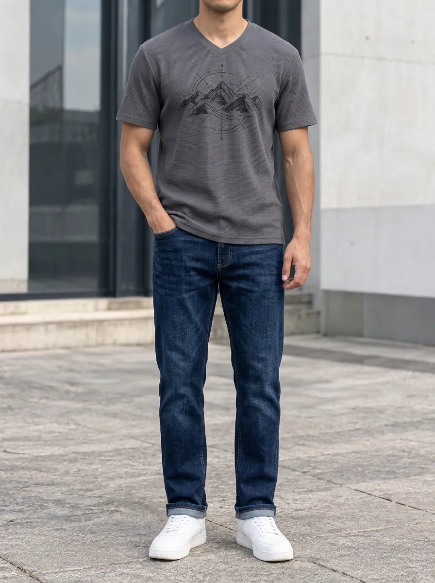 Men's Mountain Compass Graphic Printed V-Neck T-Shirt and Jeans Set
